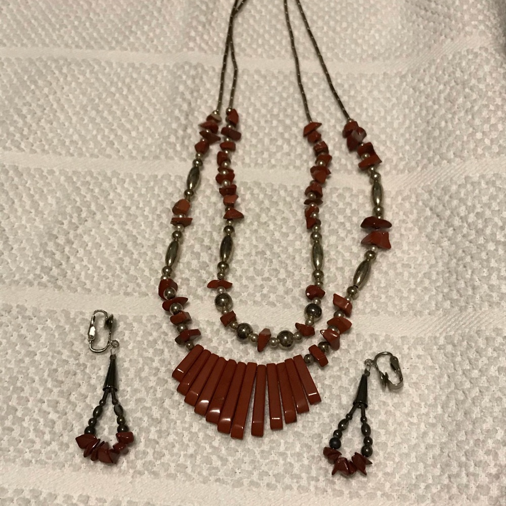 Stone and bead necklace and earrings set